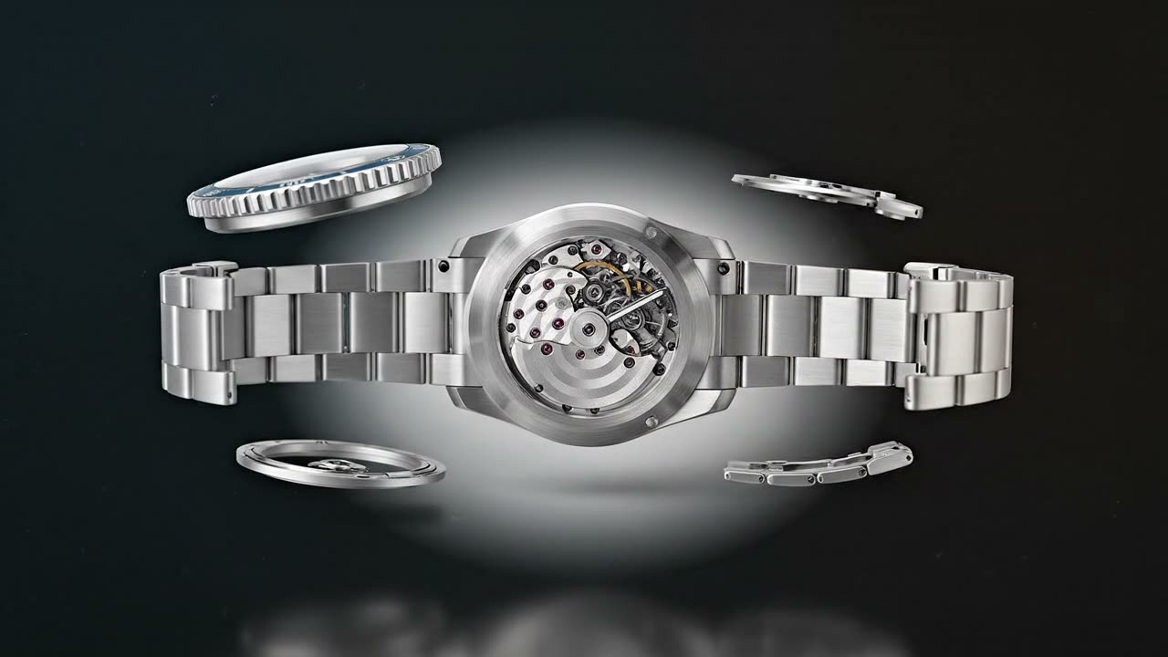 The demo site's hero: a dive watch separated into its internal layers against a dark studio background.