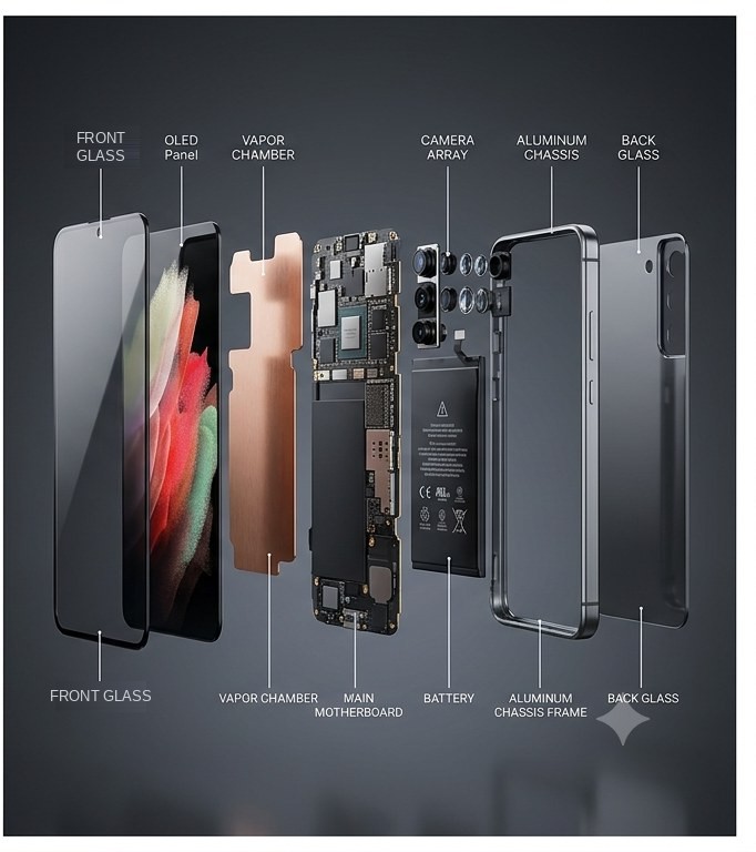 Labeled exploded render of the PHONEX ULTRA: OLED panel, vapor chamber, main motherboard, camera array, battery, aluminum chassis frame and back glass laid out side by side