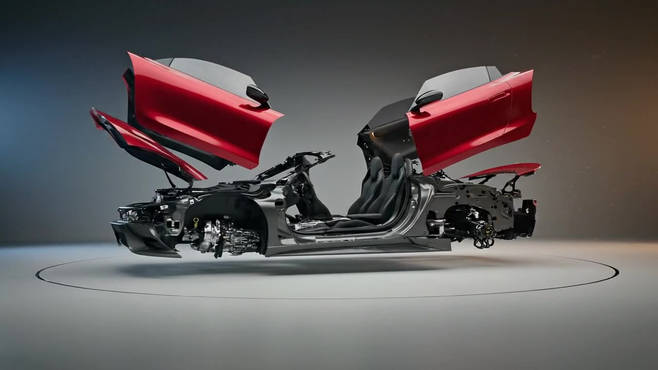 A red supercar mid-teardown: doors lifted away, body panels separated, the carbon chassis and engine exposed above a studio turntable.